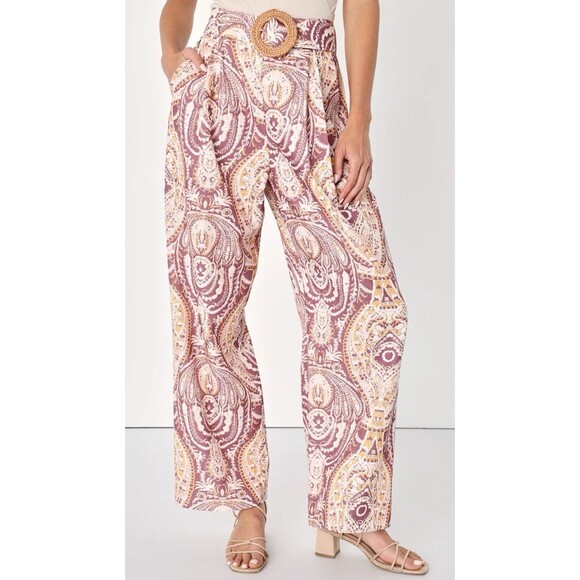 Lulu’s Women’s Boho Aesthetic Mauve Multi Paisley Print Wide Leg Pants Size L - Picture 1 of 6